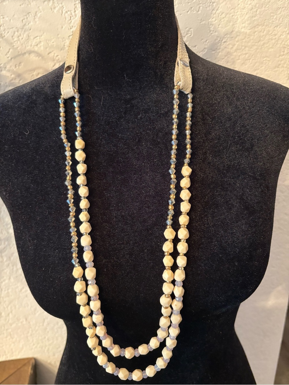 Beaded & Leather Double-Strand Cream Necklace